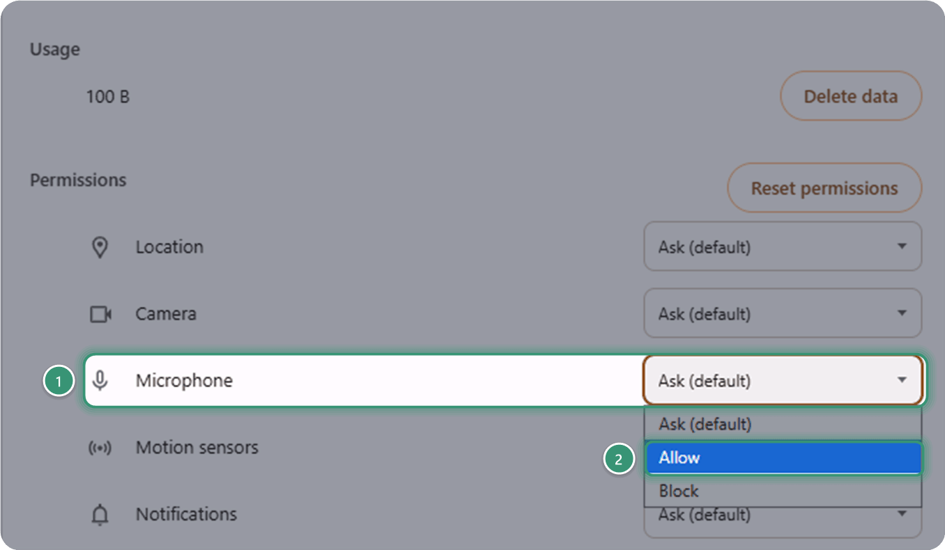 CognIQ's permission settings with the Microphone dropdown open and Allow highlighted